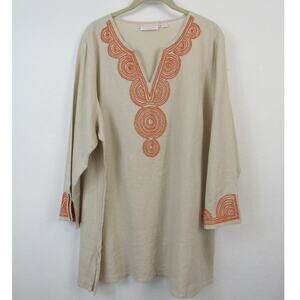 Bellisima by Kim Gravel Regular Linen Knit Boutique Beaded Tunic Cream Coral